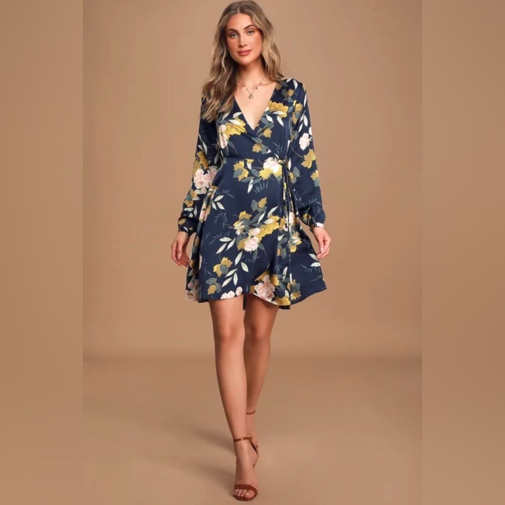Love is Life Navy Blue Floral Print Satin Wrap Dress size S